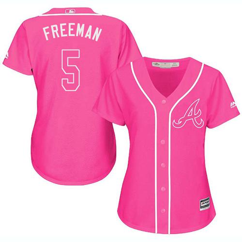Braves #5 Freddie Freeman Pink Fashion Women's Stitched MLB Jersey